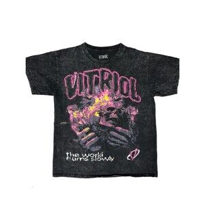 Vitriol Slow Burn Black Acid Wash T-Shirt Cotton Skull Punk Streetwear Skater L